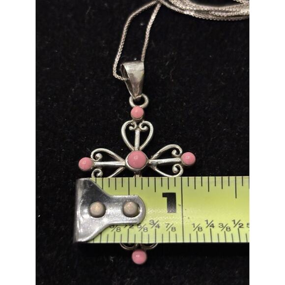 Sterling Silver Scroll Cross Pendant With Faux Pink Coral 25” Italian Box Chain - Picture 6 of 7